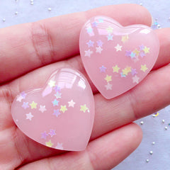 Star Confetti Heart Cabochon | Glitter Heart Cabochons with Star Sprinkles | Resin Heart Flatback | Kawaii Jewelry Making | Phone Case Decoden Supplies | Wedding Decoration (2pcs / Light Pink / 27mm x 27mm / Flat Back)
