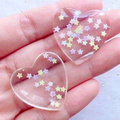 Transparent Heart Cabochon with Star Sprinkles | Glitter Heart Flatback with Star Confetti | Kawaii Resin Cabochons | Decoden Pieces | Valentines Day Decoration | Love Embellishments (2pcs / Clear / 27mm x 27mm / Flat Back)