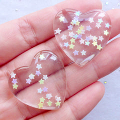 Transparent Heart Cabochon with Star Sprinkles | Glitter Heart Flatback with Star Confetti | Kawaii Resin Cabochons | Decoden Pieces | Valentines Day Decoration | Love Embellishments (2pcs / Clear / 27mm x 27mm / Flat Back)