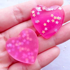 Glitter Heart Cabochon with Star Sprinkles | Star Confetti Heart Flatback | Kawaii Decoden Cabochons | Glittery Resin Pieces | Wedding Supplies | Table Decoration (2pcs / Dark Pink / 27mm x 27mm / Flat Back)