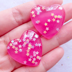 Glitter Heart Cabochon with Star Sprinkles | Star Confetti Heart Flatback | Kawaii Decoden Cabochons | Glittery Resin Pieces | Wedding Supplies | Table Decoration (2pcs / Dark Pink / 27mm x 27mm / Flat Back)