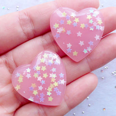 Pink Heart Cabochon with Star Confetti | Star Glitter Heart Flatback | Kawaii Cabochon Supplies | Glittery Decoden Phone Case | Wedding Table Scatter | Card Making | Scrapbook (2pcs / Pink / 27mm x 27mm / Flat Back)