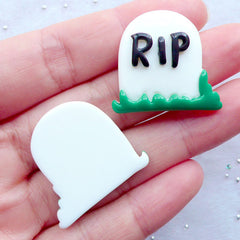 RIP Gravestone Cabochons | Rest in Peace Cabochons | Tombstone Cabochons | Graveyard Cabochons | Cemetery Resin Cabochons | Spooky Halloween Decoration | Kawaii Goth Decoden Supplies (2pcs / 27mm x 25mm / Flat Back)