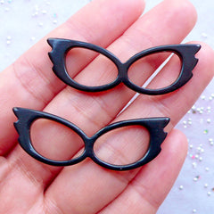 Cat Eye Glasses Cabochons | Vintage Eyeglass Cabochon | Retro Pointy Glasses Cabochon | Decoden Resin Flatback | Kawaii Jewelry Supplies | Kitsch Decoration (2pcs / Black / 43mm x 15mm / Flat Back)