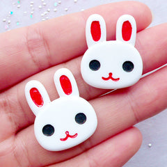 White Rabbit Cabochons | Kawaii Bunny Cabochon | Animal Hare Cabochon | Easter Decoden Cabochon | Scrapbooking Supplies | Phone Case Decoration | Hair Bow Centers | Cute Resin Pieces (2pcs / 21mm x 25mm / Flat Back)