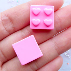 Building Block Cabochons with Heart Logo | Building Brick Cabochon | Kawaii Phone Decoration | Resin Toy Cabochon | Phone Case Decoden Supplies | Kitsch Jewellery Making (3pcs / Pink / 15mm x 15mm / Flat Back)