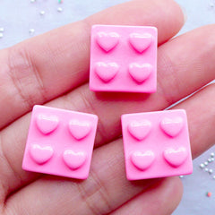 Building Block Cabochons with Heart Logo | Building Brick Cabochon | Kawaii Phone Decoration | Resin Toy Cabochon | Phone Case Decoden Supplies | Kitsch Jewellery Making (3pcs / Pink / 15mm x 15mm / Flat Back)