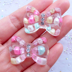 DEFECT Transparent Bow Cabochons with Pastel Bubblegum Beads and Rhinestones | Resin Bow Flatback | Confetti Cabochon | Decoden Pieces | Kawaii Jewellery Making | Phone Embellishment (2pcs / Clear / 34mm x 24mm / Flat Back)