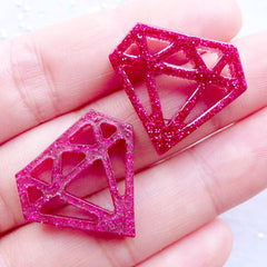 Glittery Diamond Cabochons | Glitter Resin Cabochon | Kawaii Phone Case Decoration | Decoden Supplies | Scrapbook Embellishments | Card Making (3pcs / Dark Pink / 24mm x 20mm / Flat Back)