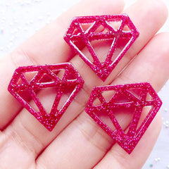 Glittery Diamond Cabochons | Glitter Resin Cabochon | Kawaii Phone Case Decoration | Decoden Supplies | Scrapbook Embellishments | Card Making (3pcs / Dark Pink / 24mm x 20mm / Flat Back)