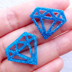 Diamond Cabochons with Glitter | Glittery Kawaii Cabochon | Resin Flatback | Decoden Pieces | Cell Phone Deco | Scrapbooking Supplies | Table Decoration (3pcs / Blue / 24mm x 20mm / Flat Back)