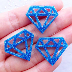 Diamond Cabochons with Glitter | Glittery Kawaii Cabochon | Resin Flatback | Decoden Pieces | Cell Phone Deco | Scrapbooking Supplies | Table Decoration (3pcs / Blue / 24mm x 20mm / Flat Back)