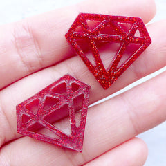 Resin Diamond Cabochons | Outlined Diamond Flatback with Glitter | Glittery Cabochon | Decoden Phone Case | Kawaii Craft Supplies | Card Decoration | Kitsch Jewellery Making (3pcs / Red / 24mm x 20mm / Flat Back)