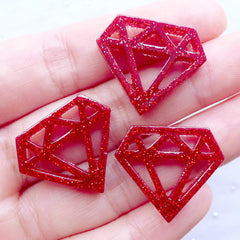 Resin Diamond Cabochons | Outlined Diamond Flatback with Glitter | Glittery Cabochon | Decoden Phone Case | Kawaii Craft Supplies | Card Decoration | Kitsch Jewellery Making (3pcs / Red / 24mm x 20mm / Flat Back)