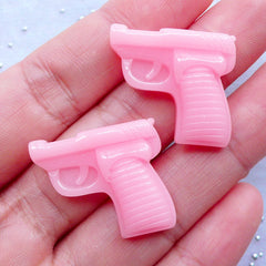 Hand Gun Cabochons | Kawaii Pistol Cabochon | Resin Handgun Flatback | Firearm Cabochons | Weapon Embellishments | Deco Den Supplies | Decoden Phone Case Decoration | Kitsch Jewelry Making (2pcs / Pink / 24mm x 21mm / Flat Back)