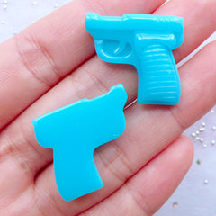 Handgun Cabochons | Resin Pistol Cabochons | Firearm Cabochons | Weapon Flatback | Hand Gun Embellishments | Decoden Cabochons | Kawaii Jewelry Craft Supplies (2pcs / Blue / 24mm x 21mm / Flat Back)