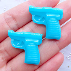 Handgun Cabochons | Resin Pistol Cabochons | Firearm Cabochons | Weapon Flatback | Hand Gun Embellishments | Decoden Cabochons | Kawaii Jewelry Craft Supplies (2pcs / Blue / 24mm x 21mm / Flat Back)