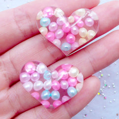 Sprinkle Heart Cabochons | Kawaii Heart Flatback with Bubblegum Beads | Gumball Pearl Heart Cabochons | Resin Decoden Pieces | Cell Phone Deco Supplies (2pcs / Transparent Clear / 29mm x 22mm / Flat Back)