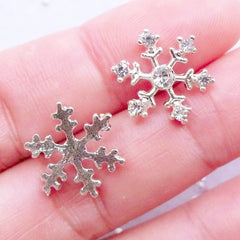 Small Rhinestone Snowflake Cabochons | Silver Snowflakes | Metal Snow Flakes | Winter Holiday Embellishments | Christmas Decoden Pieces | Phone Case Deco | Card Making (2 pcs / Silver / 12mm x 15mm / Flat Back)