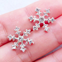 Small Rhinestone Snowflake Cabochons | Silver Snowflakes | Metal Snow Flakes | Winter Holiday Embellishments | Christmas Decoden Pieces | Phone Case Deco | Card Making (2 pcs / Silver / 12mm x 15mm / Flat Back)