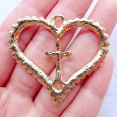 Rhinestone Heart Cross Charm | Large Religion Pendant | Christian Charm | Religious Belief Charm | Catholic Charm | Baptism Gift | Communion Jewellery (1 piece / Gold / 46mm x 40mm)