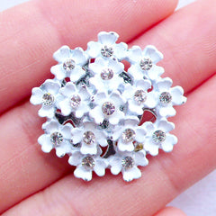 Enamel Flower Cluster Cabochon | Rhinestone Floral Hair Bow Center | Bling Bling Metal Decoden Cabochon | Wedding Embellishment | Scrapbooking Supplies (1 piece / White / 24mm x 24mm / Flat Back)