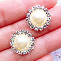 Rhinestone Pearl Cabochons | Crystal Flower Pearl with Decorative Border | Floral Hair Bow Center | Sparkle Embellishments | Bridal Hair Accessories DIY | Bling Bling Metal Cabochon | Stud Earrings Making (2pcs / Cream / 16mm)