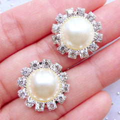 Crystal Pearl Cabochons | Rhinestone Floral Pearl with Decorative Border | Flower Hair Bow Center | Metal Embellishments | Sparkle Jewelry Supplies | Bling Bling Cabochon | DIY Stud Earrings (2pcs / Cream / 19mm)
