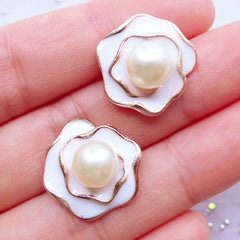 CLEARANCE Enamel Flower Cabochons with Pearl | Rose Embellishment | Floral Decoden Cabochon | Table Scatter | Card Making | Stud Earrings DIY | Wedding Supplies (2 pcs / White / 17mm x 17mm)