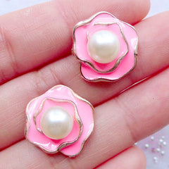 Rose Flower Enamel Cabochons with Pearl | Floral Embellishment | Decoden Piece | Card Decoration | Cell Phone Deco | Scrapbooking (2 pcs / Pink / 17mm x 17mm)