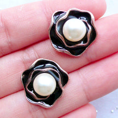 CLEARANCE Floral Enamel Cabochons with Pearl | Flower Embellishment | Metal Rose Cabochon | Phone Decoration | Decoden Supplies | Hair Bow Centers (2 pcs / Black / 17mm x 17mm)