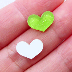 Tiny Mini Heart Cabochons with Glitter | Glittery Laser Cut Acrylic Cabochon | Heart Flatback | Heart Embellishments | Decoden Pieces | Scrapbook Supplies (10pcs by Random / 11mm x 8mm / Flat Back)