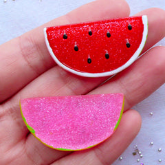 Watermelon Cabochons with Glitter | Glittery Fruit Cabochon | Shimmer Resin Cabochons | Phone Case Decoration | Decoden Pieces | Kawaii Craft Supplies (2pcs by Random / 37mm x 20mm / Flat Back)