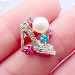Mini High Heel Cabochon with Rhinestones and Pearl | Bling Bling Metal Cabochon | Luxury Phone Case Decoration | Sparkle Decoden Cabochon | Fashion Embellishments (1 piece / 13mm x 14mm)