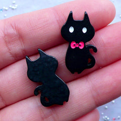 Black Cat Cabochons | Kitty with Bow Cabochon | Kawaii Animal Cabochon | Kitten Jewelry | Resin Decoden Pieces | Cute Embellishments (2pcs / Black / 14mm x 23mm)