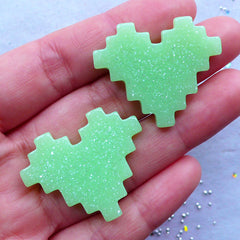 Pixel Heart Cabochon with Glitter | Kawaii Resin Cabochon | Gamer Decoden Pieces | Cute Embellishments | Cell Phone Deco (2pcs / Green / 33mm x 27mm / Flatback)