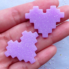 Geek Pixel Heart Cabochon | Glittery Cabochon | Video Gamer Decoden | Kawaii Cabochons | Phone Embellishments | Resin Flatback (2pcs / Purple / 33mm x 27mm)