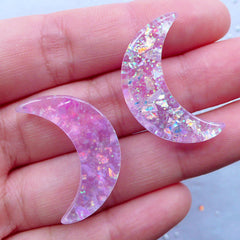 Confetti Moon Cabochons | Glittery Crescent Moon Flatback | Magical Girl Decoden | Fairy Kei Jewellery | Kawaii Resin Pieces (2pcs / Purple / 18mm x 28mm)
