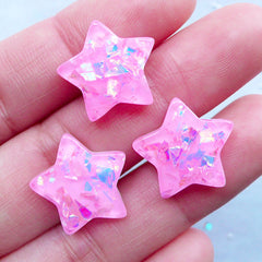 Kawaii Resin Star Cabochons with Glittery Mica Flakes | Pastel Kei Cabochons | Decoden Crafts | Mahou Kei Jewelry (3pcs / Pink / 17mm x 16mm)