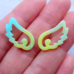 Galaxy Angel Wing Cabochons with Glitter | Kawaii Phone Case Deco | Magical Girl Decoden Supplies | Mahou Kei Jewellery (2pcs / Lime Teal / 19mm x 11mm)