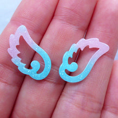 Rainbow Gradient Angel Wing Cabochons | Kawaii Craft Supplies | Mahou Kei Decoden | Fairy Kei Jewellery | Shimmer Resin Cabochon (2pcs / Pink Blue / 19mm x 11mm)