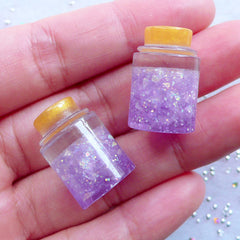 Miniature Wish Jar with Glitter | Glittery Wishing Jar Cabochon | Fairy Bottle with Magic Dust | Kawaii Jewelry DIY (2pcs / Purple / 3D / 14mm x 21mm)
