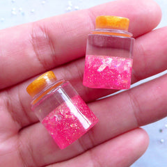 Dollhouse Fairy Bottle with Magic Dust | Glittery Tear Bottle Cabochon | Glitter Wishing Jar in 1:6 Scale | Kawaii Whimsical Jewelry (2pcs / Dark Pink / 3D / 14mm x 21mm)