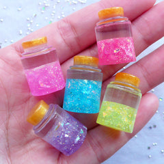 Fairy Bottle with Magic Dust | Dollhouse Tear Bottle with Glitter | Kawaii Wishing Jar Cabochon | Magical Fairy Kei Jewelry (5pcs / Assorted Mix / 3D / 14mm x 21mm)