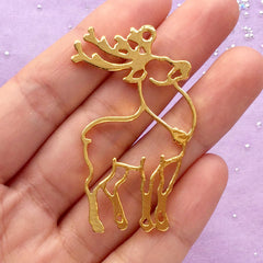 Christmas Reindeer Open Backed Bezel Pendant | Outlined Deer Charm | Kawaii UV Resin Craft Supplies (1 piece / Gold / 30mm x 49mm)