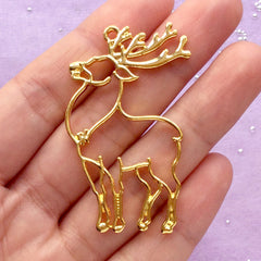 Christmas Reindeer Open Backed Bezel Pendant | Outlined Deer Charm | Kawaii UV Resin Craft Supplies (1 piece / Gold / 30mm x 49mm)