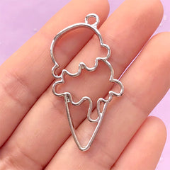 Double Scoop Ice Cream Open Back Bezel Pendant | Kawaii Deco Frame for UV Resin Filling | Sweet Outline Charm (1 piece / Silver / 23mm x 42mm)