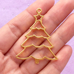 Christmas Tree Open Bezel | Hollow Charm for UV Resin Filling | Kawaii Christmas Ornament Making (1 piece / Gold / 34mm x 44mm)