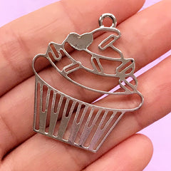 Cupcake Open Bezel Charm | Sweet Deco Frame for UV Resin Filling | Kawaii Resin Jewelry Supplies (1 piece / Silver / 33mm x 38mm)