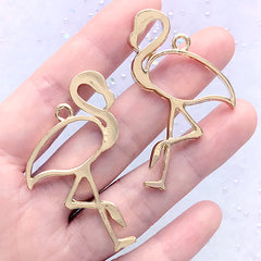 Flamingo Open Back Bezel Charm | UV Resin Jewelry Supplies | Animal Bird Pendant | Kawaii Crafts (2 pcs / Gold / 34mm x 50mm)